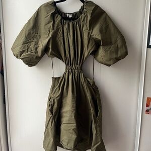Olive Green Puffy Sleeve Cut Out Dress, Moon River, size L